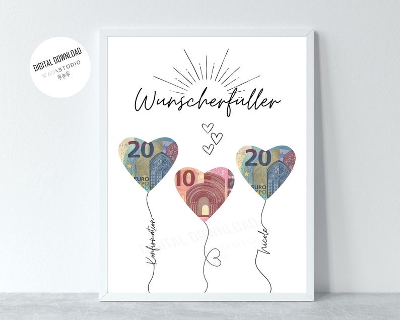 Nahaufnahme der filigranen Ballonschnüre, die mit dem Namen des Kindes und dem Anlass „Konfirmation“ personalisiert sind.