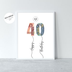 May include: A printable digital download of a birthday card featuring the number 40 made of euro bills. The number is shaped like balloons with the words "Happy Birthday" written underneath.