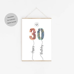 May include: Printable 30th birthday card with a heart and the numbers 30 made of euro bills. The text "Happy Birthday" is written below the numbers.