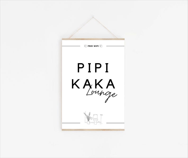 Minimalistisches Badezimmer Poster in Schwarz-Weiß mit dem Spruch Pipi Kaka Lounge und Free Wifi Symbolen sowie einer Toiletten-Strichzeichnung. Lustiges Gäste WC Wandbild Pipi Kaka Lounge.