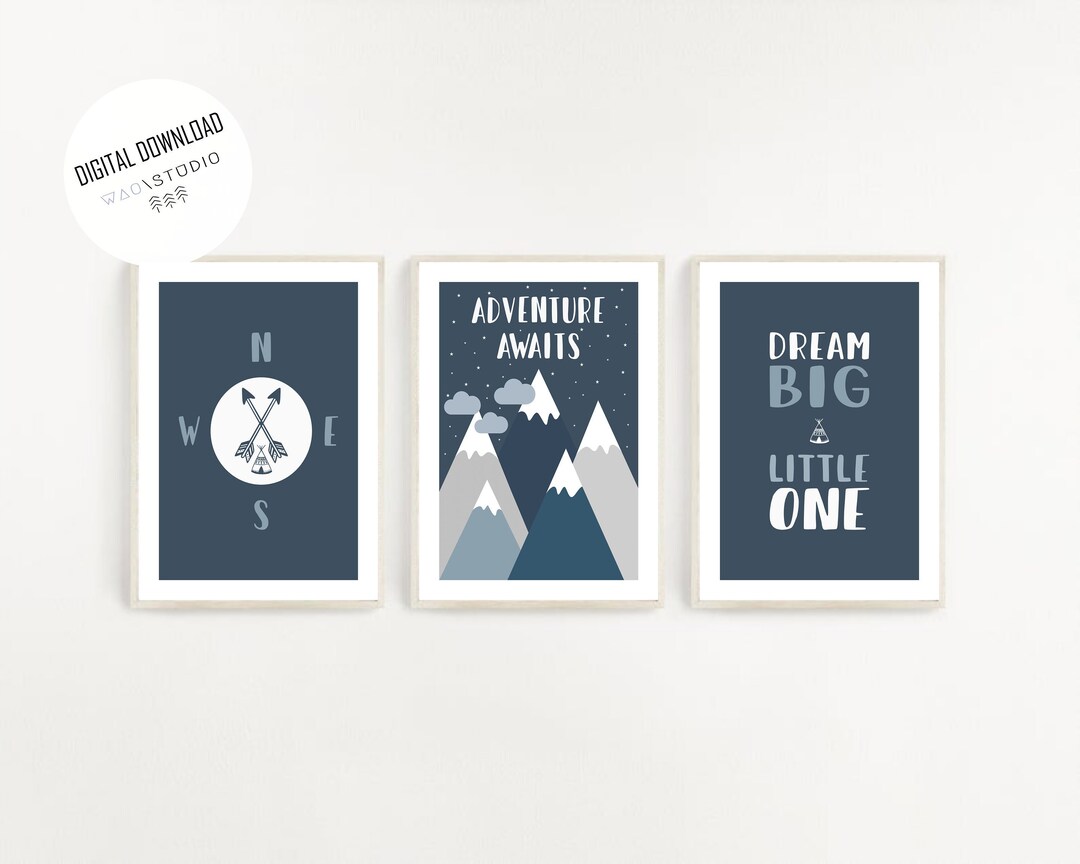 Adventure Awaits Print, Nursery Set of 3 Prints, Outdoor, Forest Wall ...