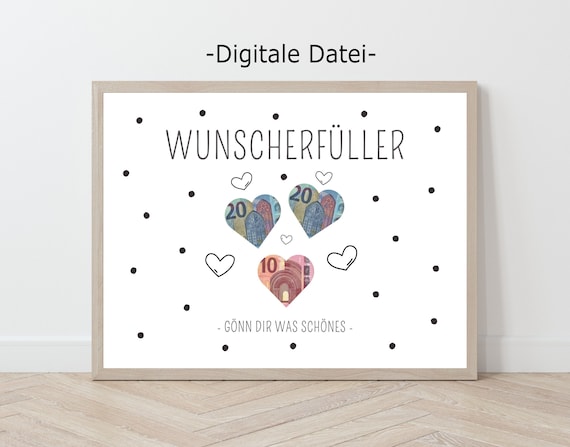 Wunscherfüller Geldgeschenk, Geburtstaggeschenk, Digitaler Download, Vorlage Herz Geld Geschenk zum Ausdrucken, Geburtstagskarte Frau Mann