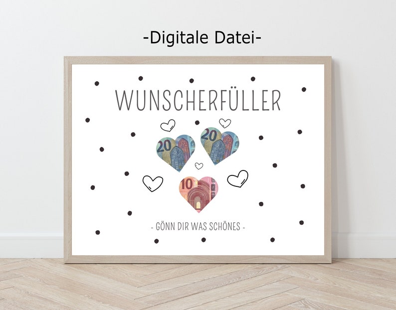 Könnte beinhalten: Eine druckbare digitale Datei mit dem Text "Wunscherschüller" in schwarzer Schrift auf weißem Hintergrund. Der Text ist von schwarzen Punkten und Herzen umgeben. Es befinden sich drei Herzen mit Euro-Scheinen darin. Der Text "Gönn dir was Schönes" befindet sich unter den Herzen.