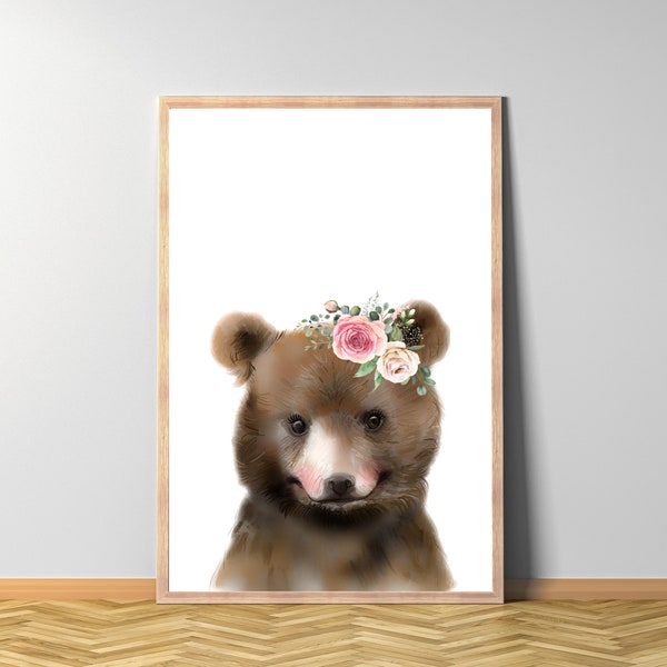 Bärenkind Blume, Bär Blumenkranz Poster, Wasserfarbe Bärenbaby, Tier Blumenkrone, Tierbaby Blumenschmuck sofort Ausdruck, Digitale Datei