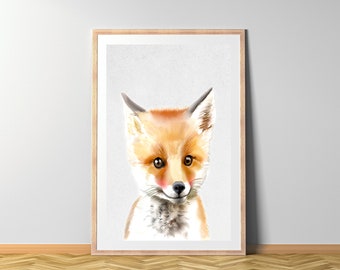Fuchs Aquarell, Tierkinder Wasserfarbe Wald, Tierbaby gemalt Kinderzimmer Wandkunst, Digitaler Download, sofort ausdrucken, Spielzimmer