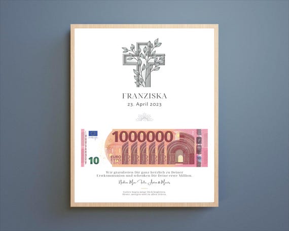 Geldgeschenk Kommunion personalisiert Deine erste Million, Konfirmation Junge Mädchen, Firmung Kreuz Eukalyptus, Geld verpacken PDF Download