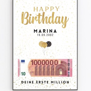 Op de afbeelding: Een witte kaart met gouden glitterconfetti en tekst die zegt "Happy Birthday Marina 19.09.2002". Er is een afbeelding van een briefje van 10 euro met het nummer 1000000 erop geschreven. De tekst onder het briefje zegt "Deine erste Million".