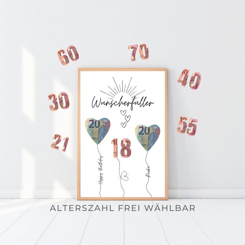 Ein weißer gerahmter Druck mit dem Text "Wunscherfuller" und drei herzförmigen Ballons aus 20-Euro-Scheinen. Die Ballons sind mit Schnüren gebunden, auf denen "Happy Birthday" und "Rieke" steht. Der Druck ist von Zahlen umgeben, darunter 18, 20, 21, 30, 40, 55, 60 und 70.