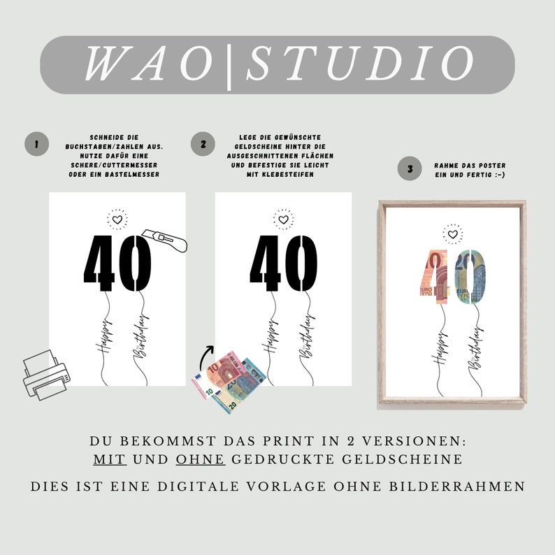 May include: A printable digital template for a 40th birthday poster. The poster features the number 40 in a balloon shape with the words "Happy Birthday" written underneath. The template is available in two versions: one with and one without printed banknotes.