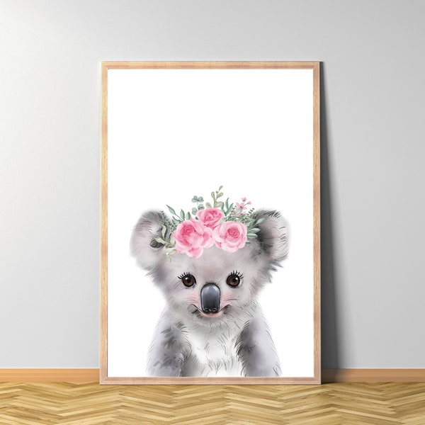 Koala Blumenkrone Poster, Koala Blume, Tier mit Blumenkranz, Tierbaby Blumenschmuck Wandbild,  sofort Ausdruck, Digitale Datei, Wasserfarbe