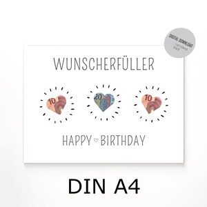Puede incluir: Una tarjeta blanca con el texto "Wunschersch&uuml;ller" y "Happy Birthday" en negro. Hay tres corazones con billetes de euro en su interior. La tarjeta est&aacute; etiquetada como "DIN A4".
