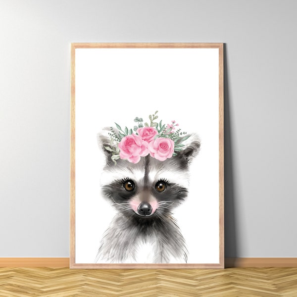 Waschbär Blumenkranz Poster, Tier mit Blumenkrone, Tierbaby Blumenschmuck Wandbild,  sofort Ausdruck, Digitale Datei, Wasserfarbe gemalt