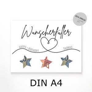 May include: A printable birthday card with the text "Wunschert&uuml;ller" and "Happy Birthday" in black cursive font. The card also includes a heart and the name "Thomas" in black font. Three stars are folded from euro bills.