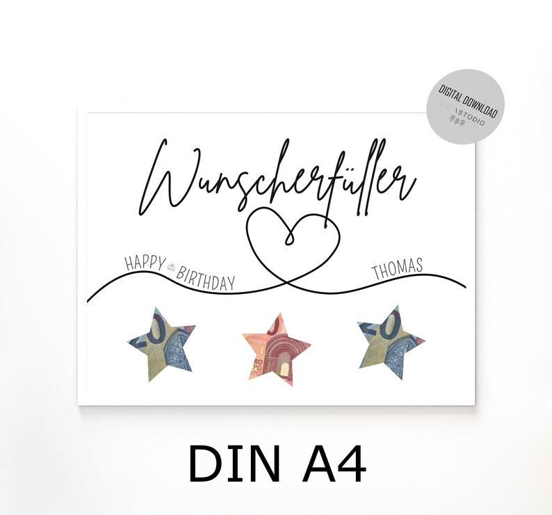 May include: A printable birthday card with the text "Wunschert&uuml;ller" and "Happy Birthday" in black cursive font. The card also includes a heart and the name "Thomas" in black font. Three stars are folded from euro bills.