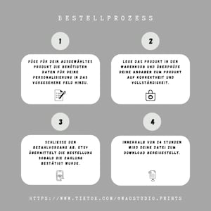 May include: A four-step guide to ordering a product online. The steps are: 1. Add your personalized information, 2. Review your order, 3. Complete the payment, and 4. Download your file within 24 hours. The image includes a pencil and paper icon, a shopping bag icon, a smartphone icon, and a download icon.