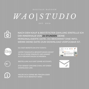 Op de afbeelding: Een afbeelding met de tekst "WAO|STUDIO EST. 2019" en informatie over het kopen van digitale bestanden. De tekst luidt: "Na aankoop en bevestigde betaling maak ik uw gepersonaliseerde bestand binnen 24 uur. U ontvangt een melding wanneer uw bestand klaar is om te downloaden."