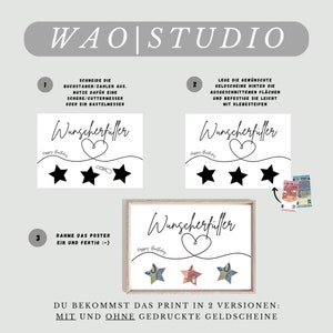 May include: A printable DIY money gift poster with instructions on how to create a "Wunscherf&uuml;ller" (wish-fulfiller) money gift. The poster features a heart with a line coming out of it, three stars, and the text "Wunscherf&uuml;ller" and "Happy Birthday".