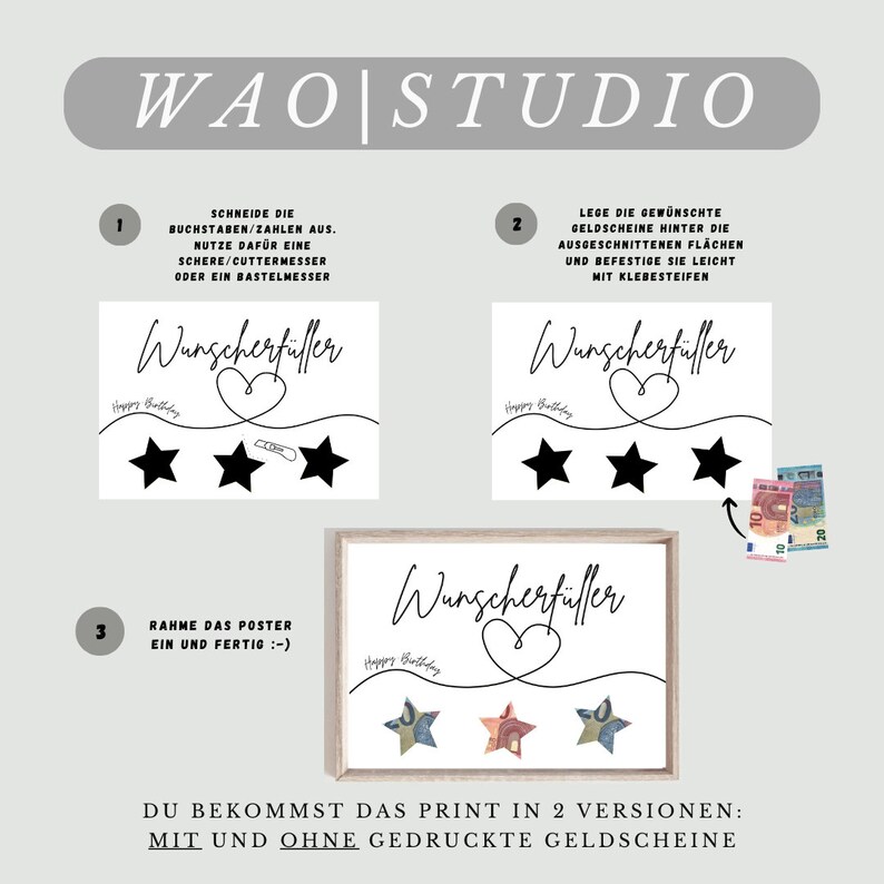 May include: A printable DIY money gift poster with instructions on how to create a "Wunscherf&uuml;ller" (wish-fulfiller) money gift. The poster features a heart with a line coming out of it, three stars, and the text "Wunscherf&uuml;ller" and "Happy Birthday".