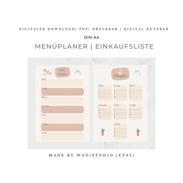 Familien Einkaufsplaner Deutsch DIN A4, Digital Download, Digitaler Planer, Minimalist boho  Menüplaner Essensplaner, Download PDF Ausdruck