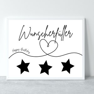 May include: Black and white printable art print with the text "Wunschersch&uuml;ller" and "Happy Birthday" with three black stars and a heart shape.