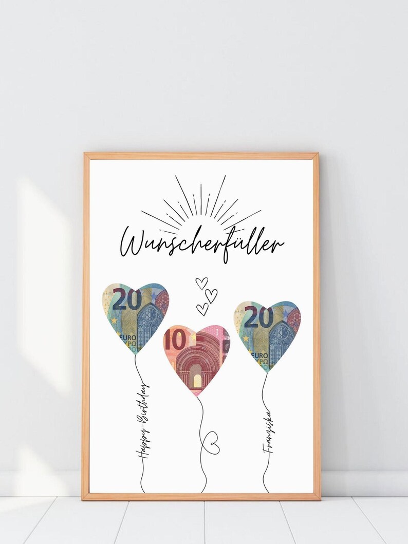 Geldgeschenk Geburtstag Luftballons, Wunscherfüller Geldscheine personalisiert, Poster Geburtstagskarte, Download zum Ausdrucken, Birthday image 4