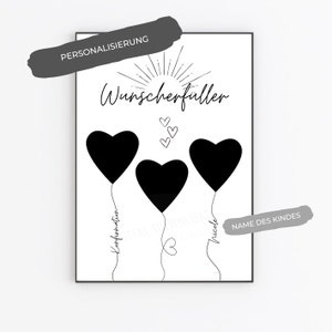 Op de afbeelding: Zwart-witte printbare babyshower-game met de tekst "Wunschert&uuml;ller" en drie hartvormige ballonnen met de woorden "Konfetti", "Naam van het kind" en "Dromen" erop.