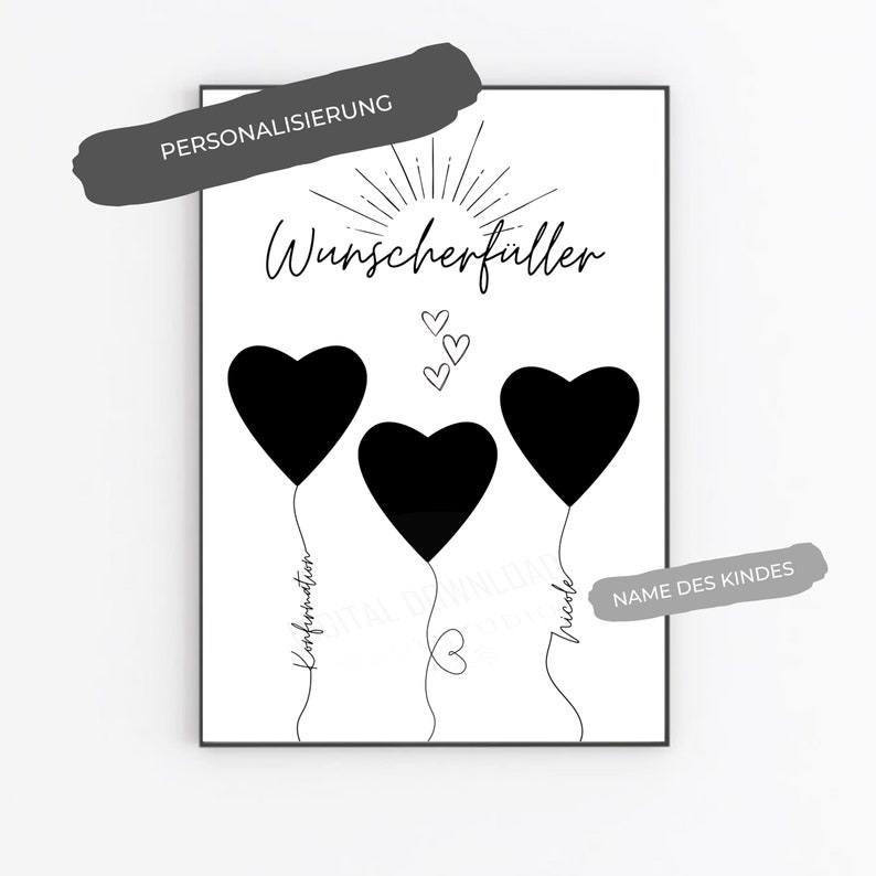 Op de afbeelding: Zwart-witte printbare babyshower-game met de tekst "Wunschert&uuml;ller" en drie hartvormige ballonnen met de woorden "Konfetti", "Naam van het kind" en "Dromen" erop.