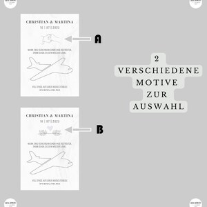 K&ouml;nnte beinhalten: Zwei Hochzeitskarten-Designs mit einem Flugzeug und dem Text "Christian & Martina 16 07 2023". Der Text unter dem Flugzeug lautet "Wenn zwei gemeinsam einen Weg bestreiten, dann gehen sie den Weg der Liebe. Viel Spass auf eurer Hochzeitsreise Opa Heinz & Oma Inge". Der Text unter den Designs lautet "2 VERSCHIEDENE MOTIVE ZUR AUSWAHL".