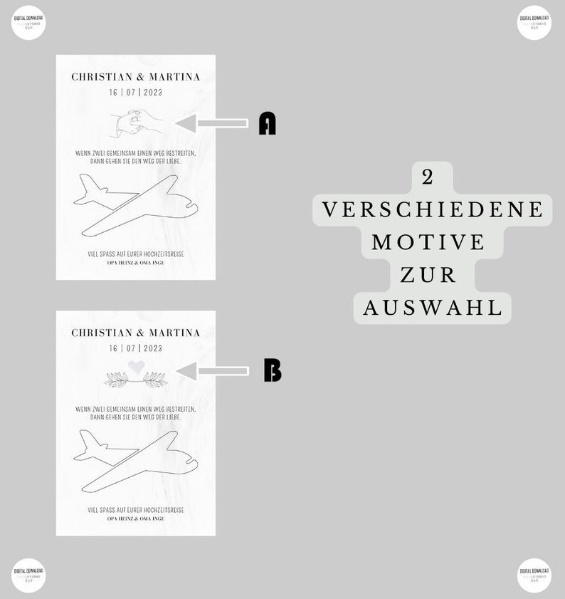 K&ouml;nnte beinhalten: Zwei Hochzeitskarten-Designs mit einem Flugzeug und dem Text "Christian & Martina 16 07 2023". Der Text unter dem Flugzeug lautet "Wenn zwei gemeinsam einen Weg bestreiten, dann gehen sie den Weg der Liebe. Viel Spass auf eurer Hochzeitsreise Opa Heinz & Oma Inge". Der Text unter den Designs lautet "2 VERSCHIEDENE MOTIVE ZUR AUSWAHL".