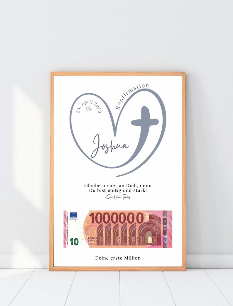 Personalisiertes Geldgeschenk zur Konfirmation, Kommunion, Firmung oder auch zur Taufe mit dem Titel „Deine erste Million“, einem modernen Herz-Kreuz-Motiv und Platz für Geldscheine.