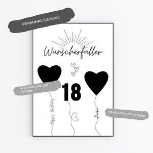 Schwarz-weißes druckbares Geburtstagskärtchen mit dem Text "Wunscherschüller" und der Zahl 18. Die Karte zeigt drei schwarze Herzballons mit Schnüren und dem Text "Happy Birthday"  auf den Schnüren.