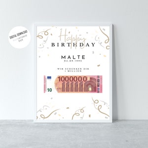 Geld schenken Geburtstag, Deine erste Million Geburtstag, Personalisiertes Geldgeschenk, Geburtstagsgeschenk zum Ausdrucken, A4 PDF Download