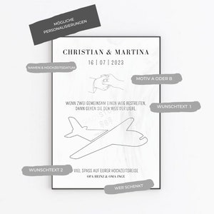 K&ouml;nnte beinhalten: Eine druckbare Hochzeitskarte mit einer Schwarzwei&szlig;illustration eines Flugzeugs und zweier sich haltender H&auml;nde. Der Text auf der Karte lautet "Christian & Martina 16 | 07 | 2023" und "Wenn zwei Menschen gemeinsam einen Weg beschreiten, gehen sie den Weg der Liebe."