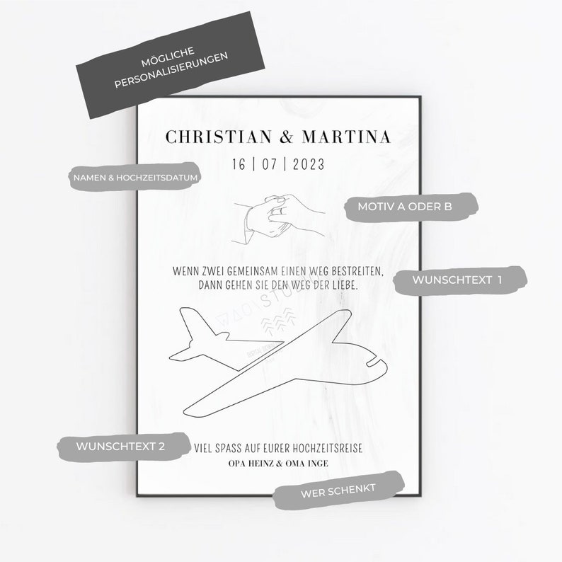 K&ouml;nnte beinhalten: Eine druckbare Hochzeitskarte mit einer Schwarzwei&szlig;illustration eines Flugzeugs und zweier sich haltender H&auml;nde. Der Text auf der Karte lautet "Christian & Martina 16 | 07 | 2023" und "Wenn zwei Menschen gemeinsam einen Weg beschreiten, gehen sie den Weg der Liebe."