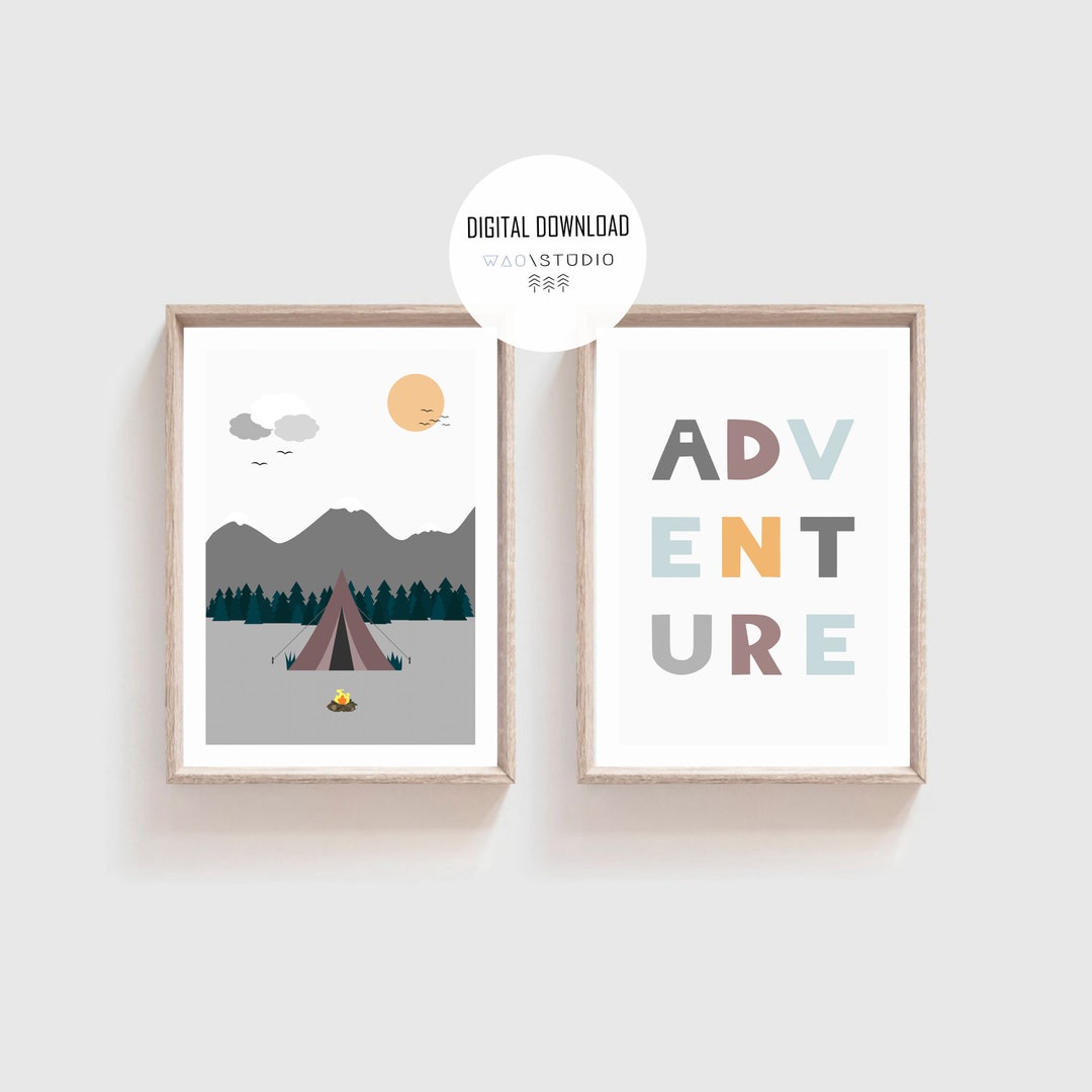Adventure Nursery Wall Art, Set of 2 Nature Camping Wall Art, Digital ...