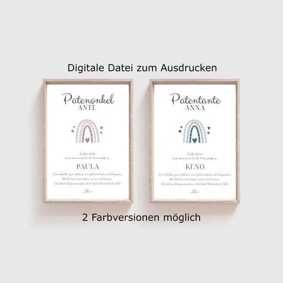 Patenurkunde Regenbogen Geschenk personalisiert, Patenonkel Patentante, Urkunde, Taufe Geschenk, Patenbrief DIN A4, Download zum Ausdrucken