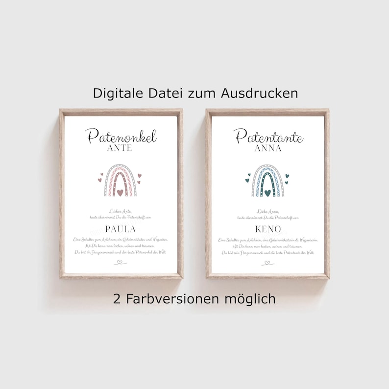 Könnte beinhalten: Zwei druckbare Karten mit einem Regenbogen-Design. Die Karte links lautet "Patenonkel ANTE" und die Karte rechts lautet "Patentante ANNA". Beide Karten enthalten einen Regenbogen mit Herzen und den Text "Liebe/r [Name]" sowie ein kurzes Gedicht über die Patenschaft.