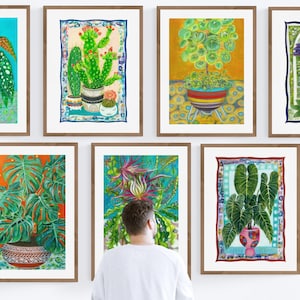 Art prints A5 A4 A3 Plant Collection. Buy as single prints or set of 7. Plants in boho pots, colourful botanical art. Gift for plant lover