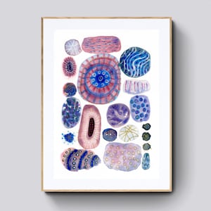 A5/A4 Fine art print from an original watercolour painting- Blues. lilacs and greys, Stones and Shells. Abstract pattern home decor wall art