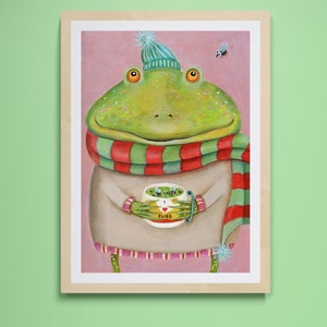 Art Print of frog in jumper with mug A5 A4 A3 size, comical frog print. Green frog, christmas gift for frog lover, quirky animal art