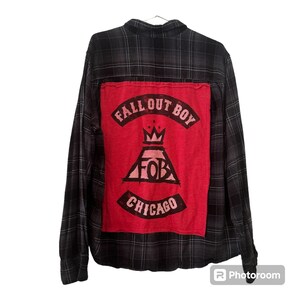 Plaid button down with graphic tee  - unisex clothing - upcycled clothing - plaid top - band tees - graphic tees - Fall out Boy