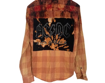 Plaid button down with graphic tee  - unisex clothing - upcycled clothing - plaid top - band tees - graphic tees - AC/DC High Voltage