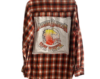 Plaid button down with graphic tee  - unisex clothing - upcycled clothing - plaid top - band tees - graphic tees - Jason Aldean