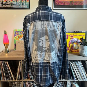 Plaid button down with graphic tee  - unisex clothing - upcycled clothing - plaid top - band tees - graphic tees - Jimi Hendrix