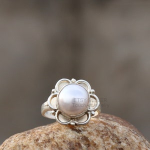 Anillo de perla natural - Anillo de plata de ley 925 - Anillo de perla blanca - Joyería de perla - Anillo de perla redonda - Anillo hecho a mano - Anillo con piedra de nacimiento de junio