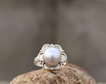 Natural Pearl Ring - 925 Sterling Silver Ring - White Pearl Ring - Pearl Jewelry - Round Pearl Ring - Handmade Ring - June Birthstone Ring