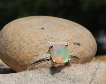 Natural Ethiopian Opal Ring - 925 Sterling Silver Ring - Birthstone Opal Ring - Opal Prong Ring - Opal Jewelry - October Birthstone Ring