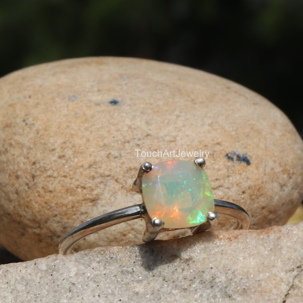 Natural Ethiopian Opal Ring - 925 Sterling Silver Ring - Birthstone Opal Ring - Opal Prong Ring - Opal Jewelry - October Birthstone Ring