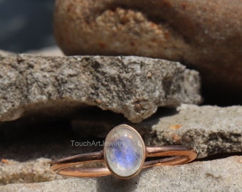 Natural Moonstone Ring - 925 Sterling Silver Ring - Rainbow Moonstone Ring - June Birthstone Ring - Moonstone Jewelry - Rose Gold Moonstone
