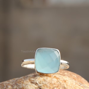 Pierścionek ze srebra próby 925 - Pierścień z naturalnym chalcedonem akwamarynowym - Ręcznie robiony srebrny pierścień - Pierścień z chalcedonem akwamarynowym - Biżuteria z chalcedonu - Pierścień fasetowany
